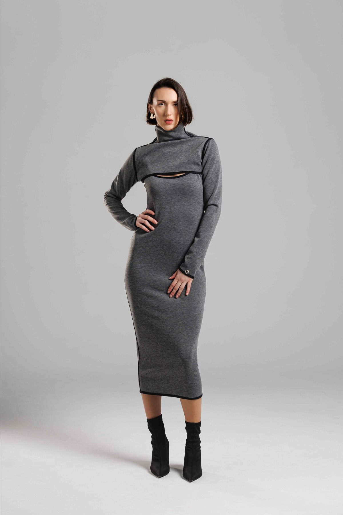 Mirona (Siyah - Gri Çift Taraflı Midi Elbise)